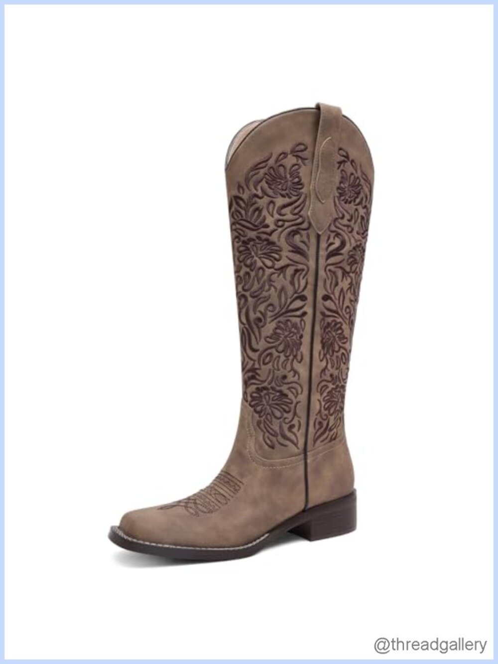 Embroidered Cowboy Boots Knee High Western Pull On Low Block Heel Square Toe